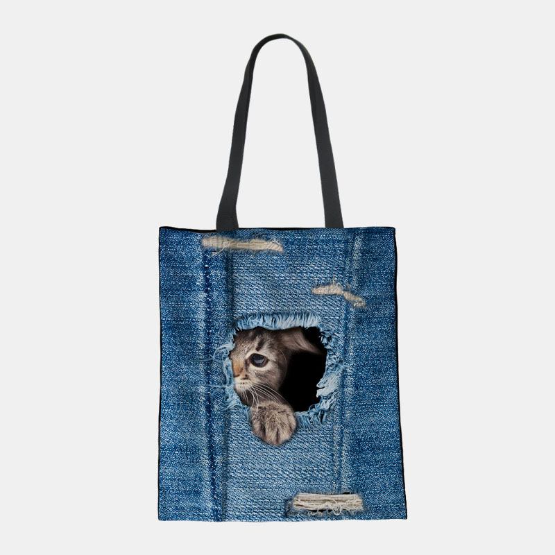 Kvinnor Canvas Breaking Hole Denim 3d Söt Katt Hundmönster Casual Outdoor Handväska Axelväska Tote