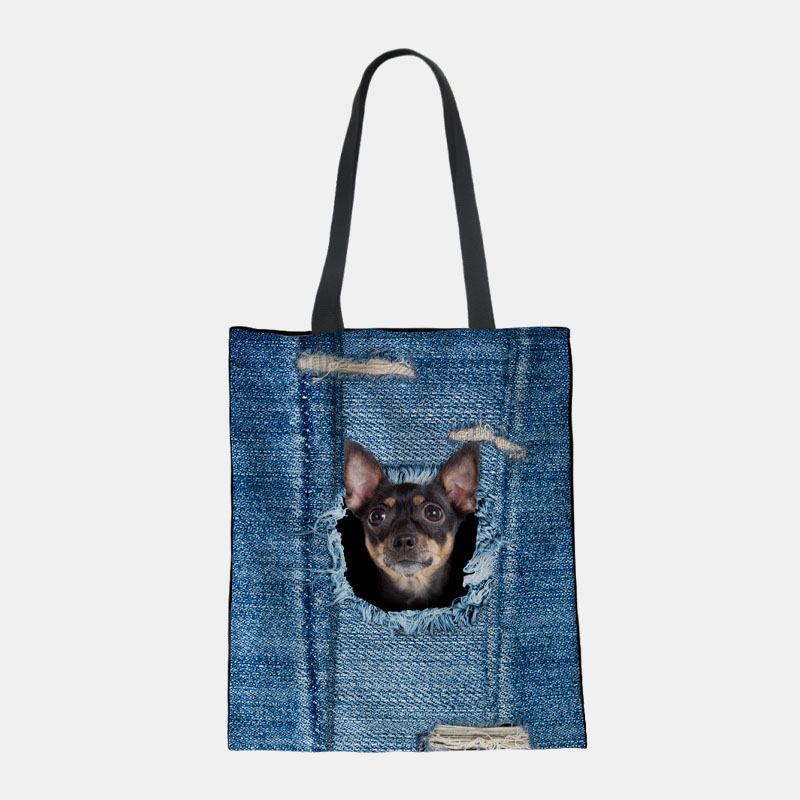 Kvinnor Canvas Breaking Hole Denim 3d Söt Katt Hundmönster Casual Outdoor Handväska Axelväska Tote