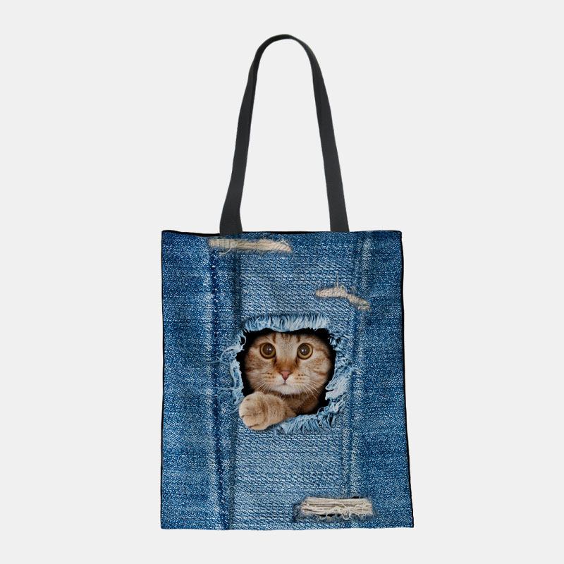 Kvinnor Canvas Breaking Hole Denim 3d Söt Katt Hundmönster Casual Outdoor Handväska Axelväska Tote