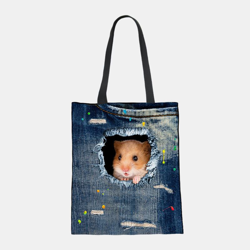 Kvinnor Canvas Breaking Hole Denim 3d Söt Katt Hundmönster Casual Outdoor Handväska Axelväska Tote