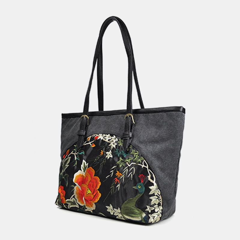 Kvinnor Canvas Etnisk Stil Broderade Blommor Handväska Med Stor Kapacitet Axelväska Tote