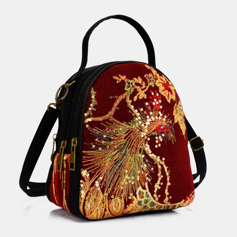 Kvinnor Canvas Etnisk Stil Broderi Peacock Mönster Paljetter Mini Multi-carry Handväska Crossbody Bag