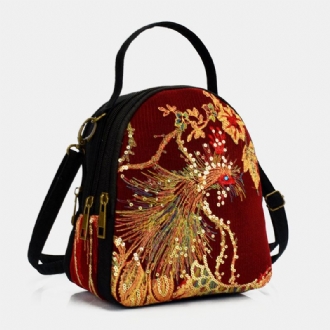 Kvinnor Canvas Etnisk Stil Broderi Peacock Mönster Paljetter Mini Multi-carry Handväska Crossbody Bag