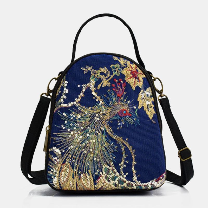 Kvinnor Canvas Etnisk Stil Broderi Peacock Mönster Paljetter Mini Multi-carry Handväska Crossbody Bag