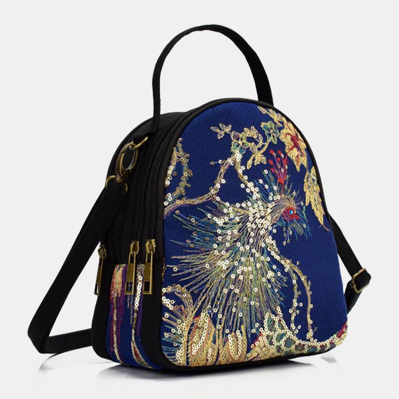 Kvinnor Canvas Etnisk Stil Broderi Peacock Mönster Paljetter Mini Multi-carry Handväska Crossbody Bag