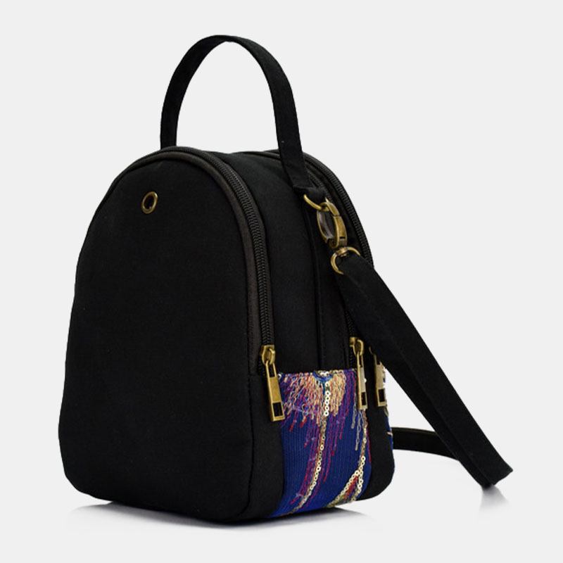 Kvinnor Canvas Etnisk Stil Broderi Peacock Mönster Paljetter Mini Multi-carry Handväska Crossbody Bag