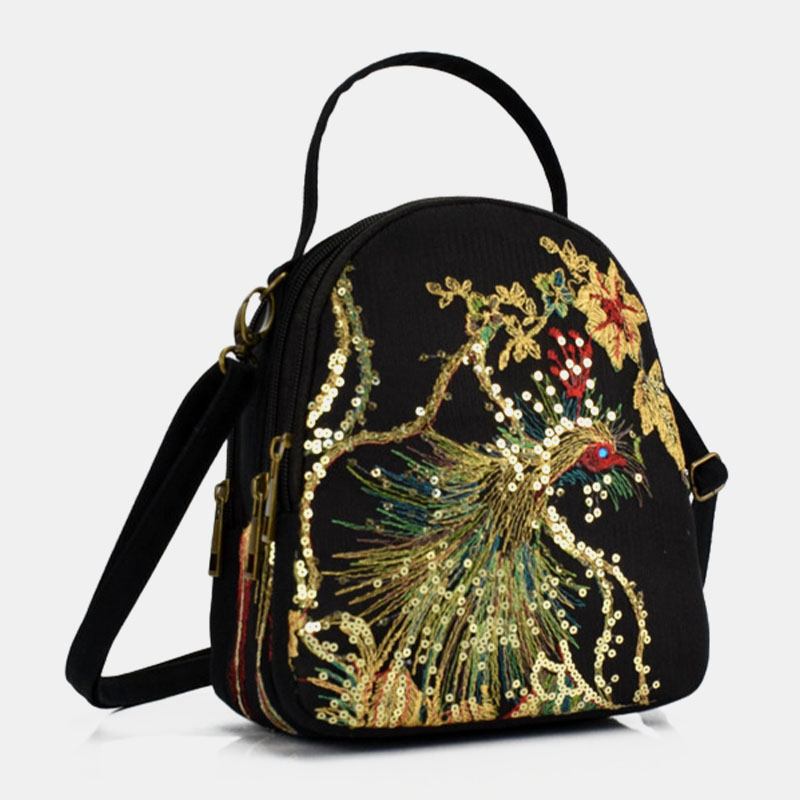 Kvinnor Canvas Etnisk Stil Broderi Peacock Mönster Paljetter Mini Multi-carry Handväska Crossbody Bag