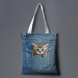 Kvinnor Canvas Katt Hund Inuti Jeans Mönster Skolväska Med Stor Kapacitet Axelväska Handväska Tote