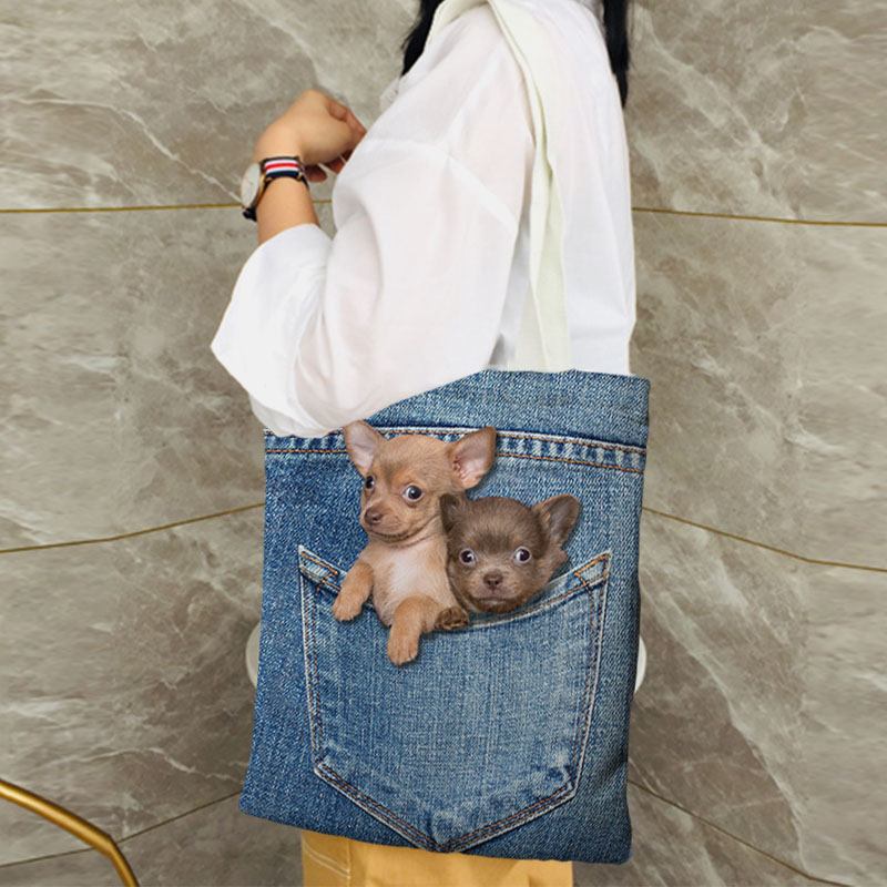 Kvinnor Canvas Katt Hund Inuti Jeans Mönster Skolväska Med Stor Kapacitet Axelväska Handväska Tote