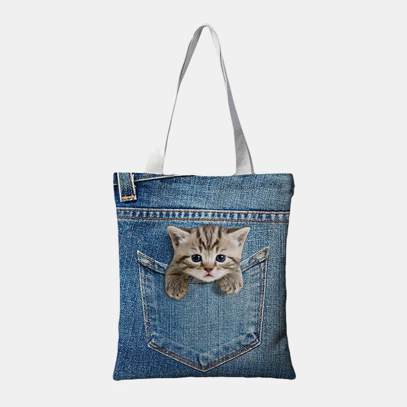 Kvinnor Canvas Katt Hund Inuti Jeans Mönster Skolväska Med Stor Kapacitet Axelväska Handväska Tote