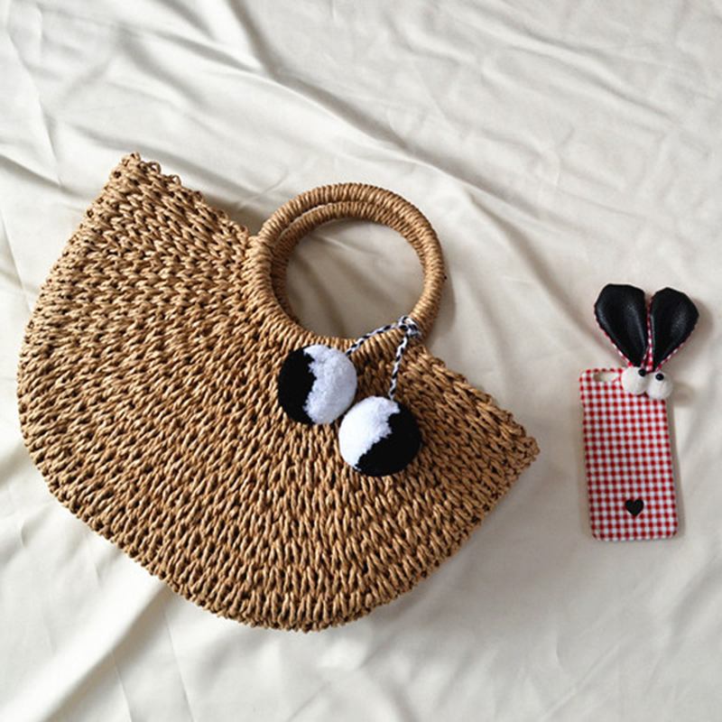 Kvinnor Casual Straw Handväska Woven Plush Ball Beach Bag