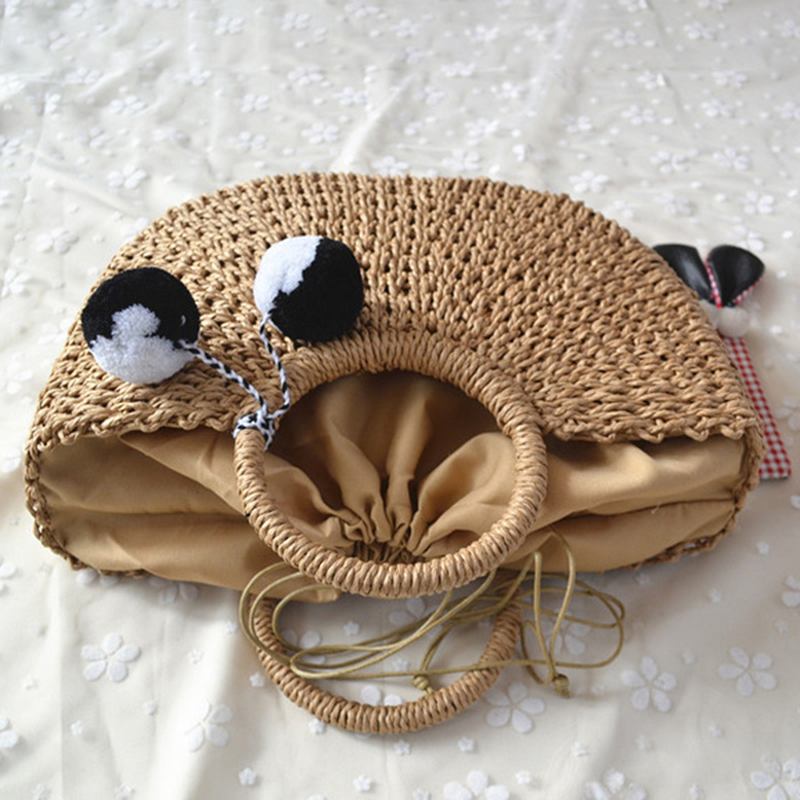 Kvinnor Casual Straw Handväska Woven Plush Ball Beach Bag