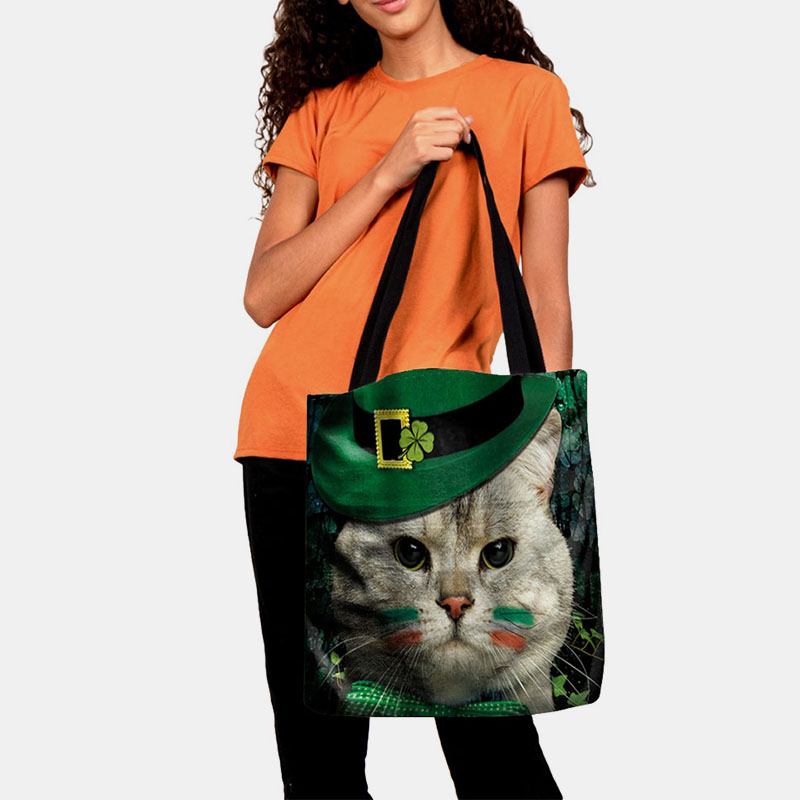 Kvinnor Clover Katt Mönster Med Tryck Happy St Patrick Day Axelväska Handväska Tote