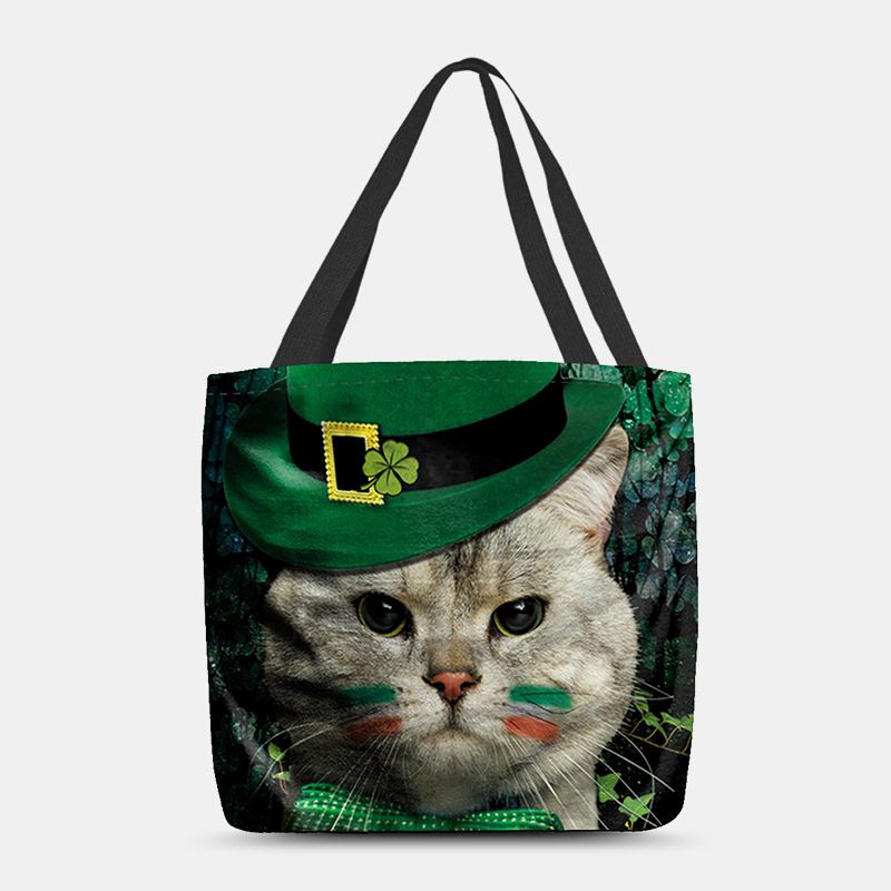 Kvinnor Clover Katt Mönster Med Tryck Happy St Patrick Day Axelväska Handväska Tote