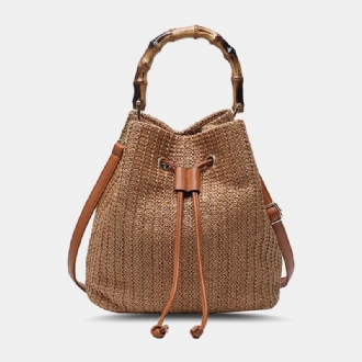 Kvinnor Enfärgad String Casual Straw Bag Handväska Axelväska Crossbody Bags Bucket Bag