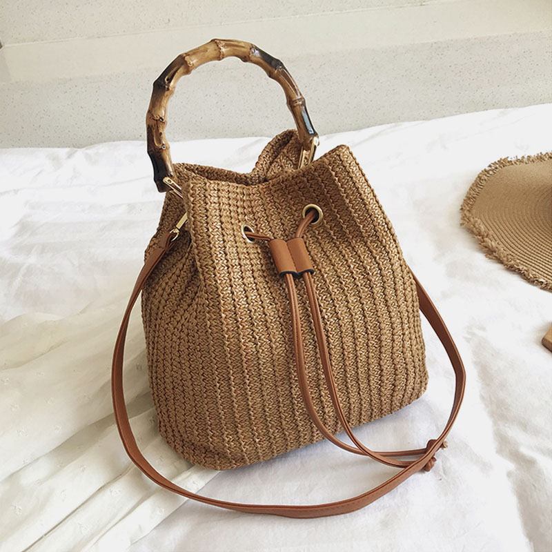 Kvinnor Enfärgad String Casual Straw Bag Handväska Axelväska Crossbody Bags Bucket Bag