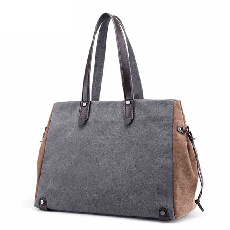 Kvinnor Kvalitet Canvas Casual Stor Kapacitet Färg Block Tote Bag Handväska