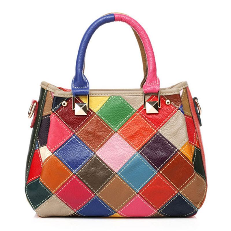 Kvinnor Patchwork Kohud Färgglad Handväska Tote Handväska Crossbody Bag