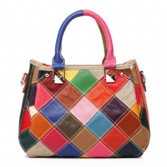 Kvinnor Patchwork Kohud Färgglad Handväska Tote Handväska Crossbody Bag