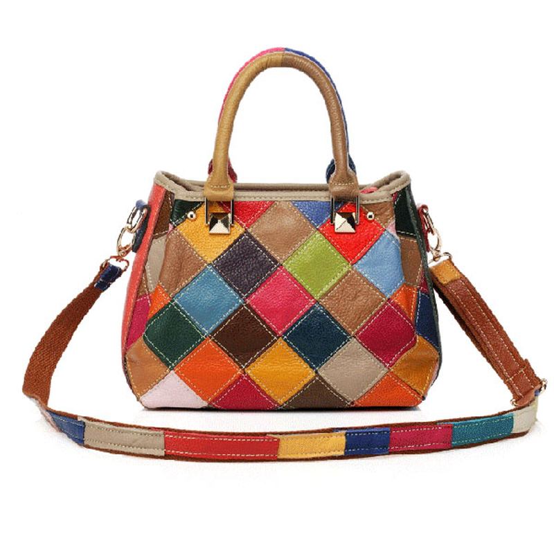 Kvinnor Patchwork Kohud Färgglad Handväska Tote Handväska Crossbody Bag