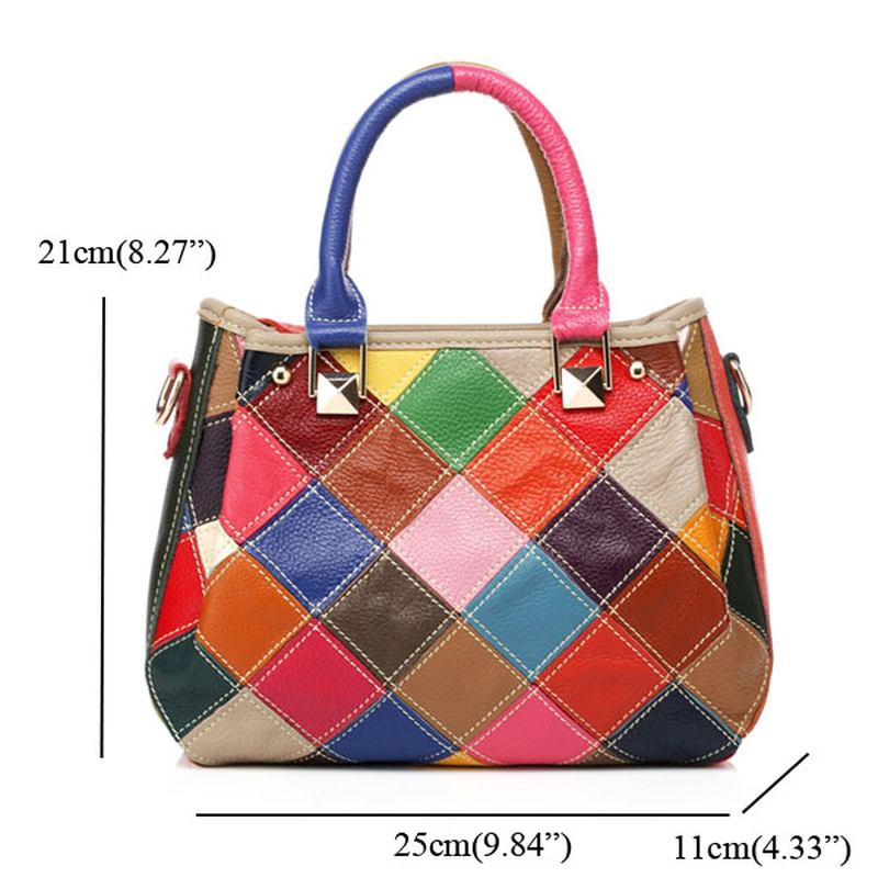 Kvinnor Patchwork Kohud Färgglad Handväska Tote Handväska Crossbody Bag