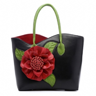 Kvinnor Pu Läder Blomdekoration Elegant Handväska Sling Bag National Style Tote Bag