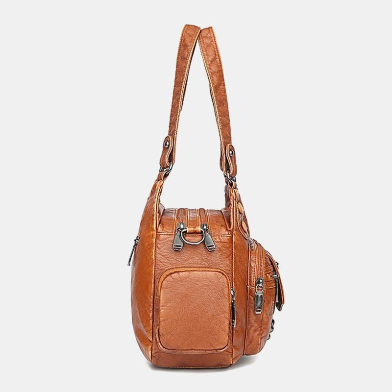 Kvinnor Pu-läder Stor Kapacitet Multi-pocket Nit Dekoration Retro Mjuk Tote Handväskor Crossbody-väskor