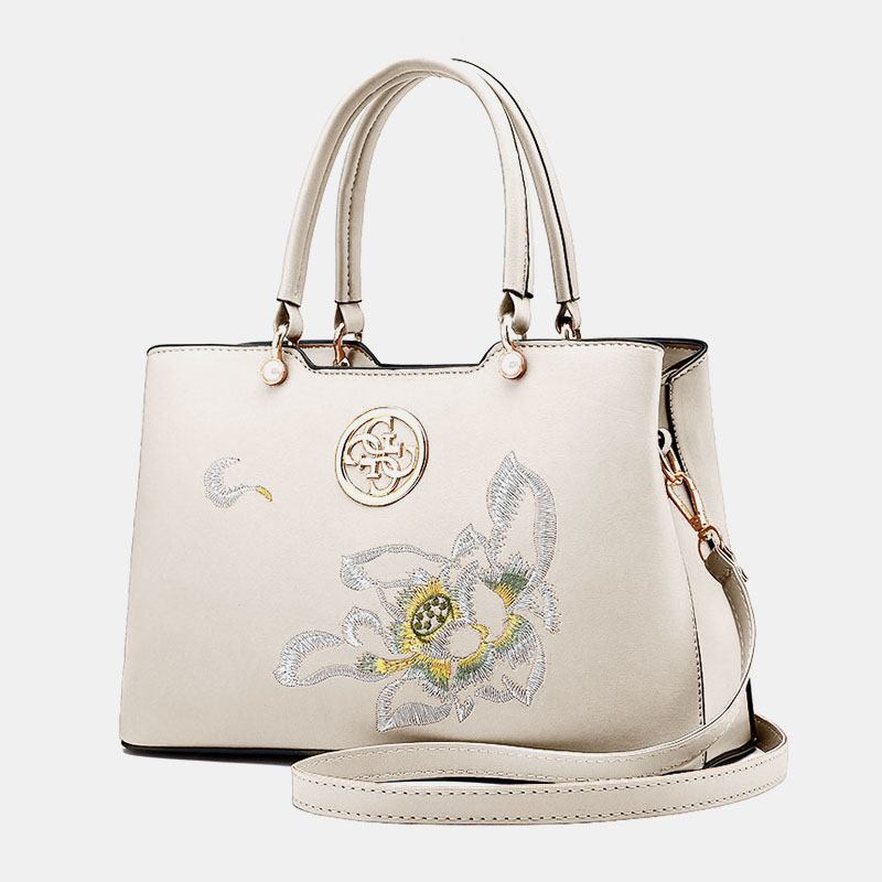 Kvinnor Vintage Kinesisk Stil Gardenia Blommor Brodered Handväska Stor Kapacitet Multi-pocket Multi-carry Pu Leahter Crossbody-väska