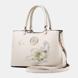 Kvinnor Vintage Kinesisk Stil Gardenia Blommor Brodered Handväska Stor Kapacitet Multi-pocket Multi-carry Pu Leahter Crossbody-väska