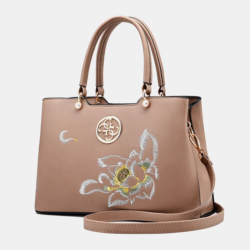 Kvinnor Vintage Kinesisk Stil Gardenia Blommor Brodered Handväska Stor Kapacitet Multi-pocket Multi-carry Pu Leahter Crossbody-väska