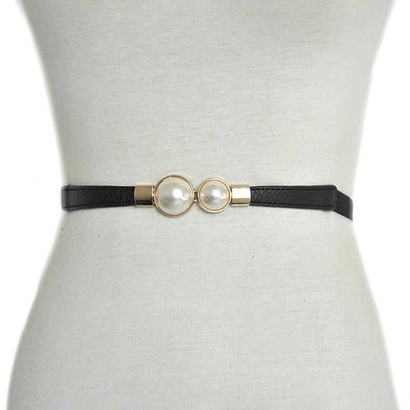 Mode Dam Elastisk Faux Pearl Tunn Skinny Midjeband Midjebälte Klänning Dekor