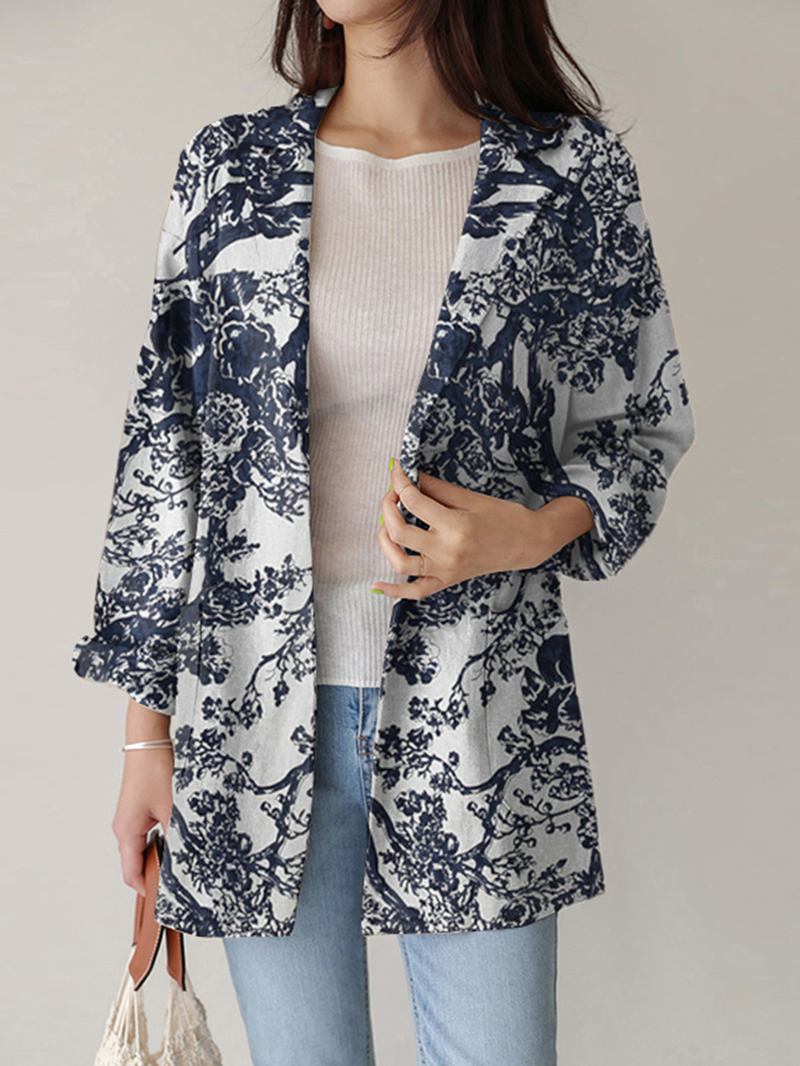 Kvinnor Loose Lapel Full Sleeve Floral Casual Sidofickor Kappa