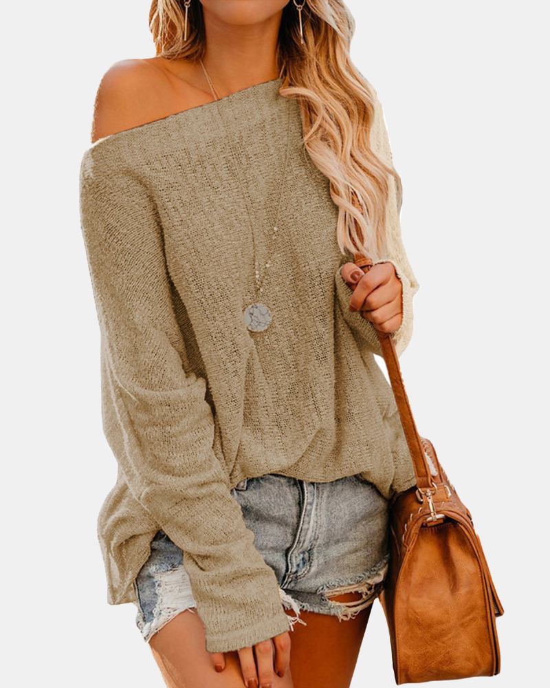 Dam Off Shoulder Långärmad Blus Casual Pullover Stickade Tröjor