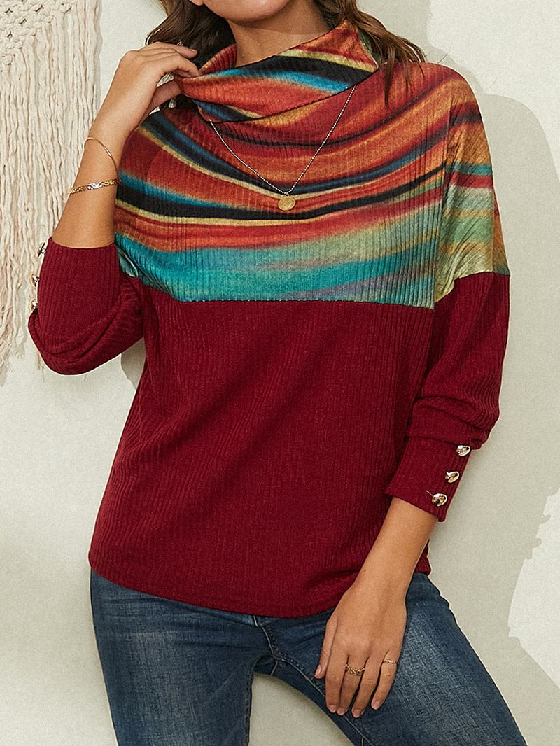 Dam Regnbågsrandigt Tryck Patchwork Ribbad Tröja Med Turtleneck