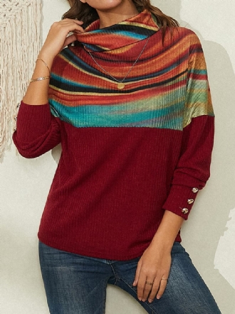 Dam Regnbågsrandigt Tryck Patchwork Ribbad Tröja Med Turtleneck