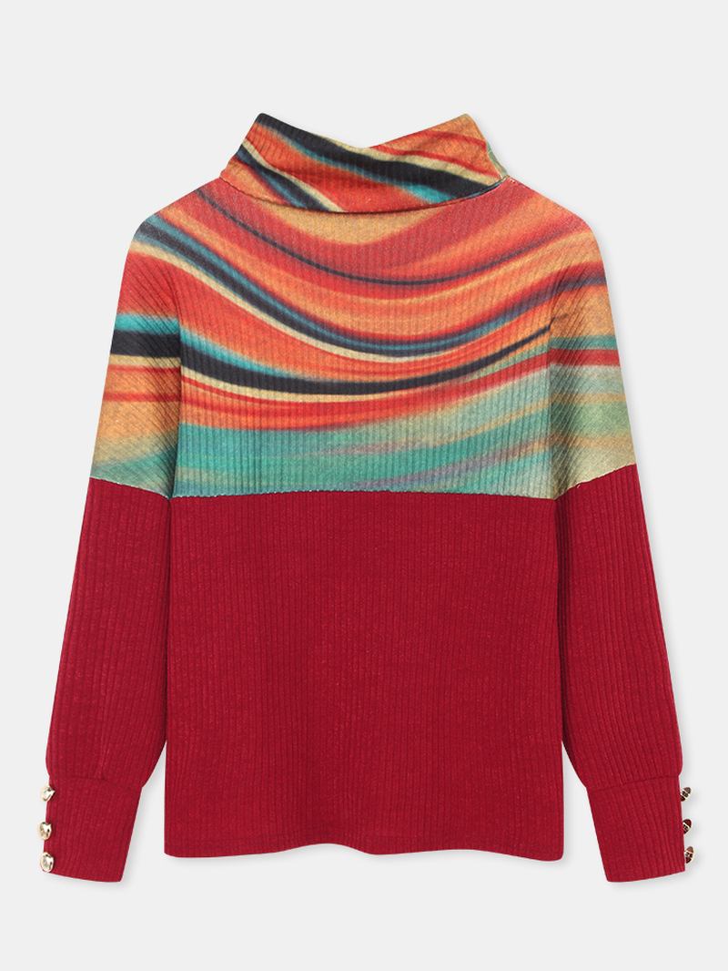 Dam Regnbågsrandigt Tryck Patchwork Ribbad Tröja Med Turtleneck