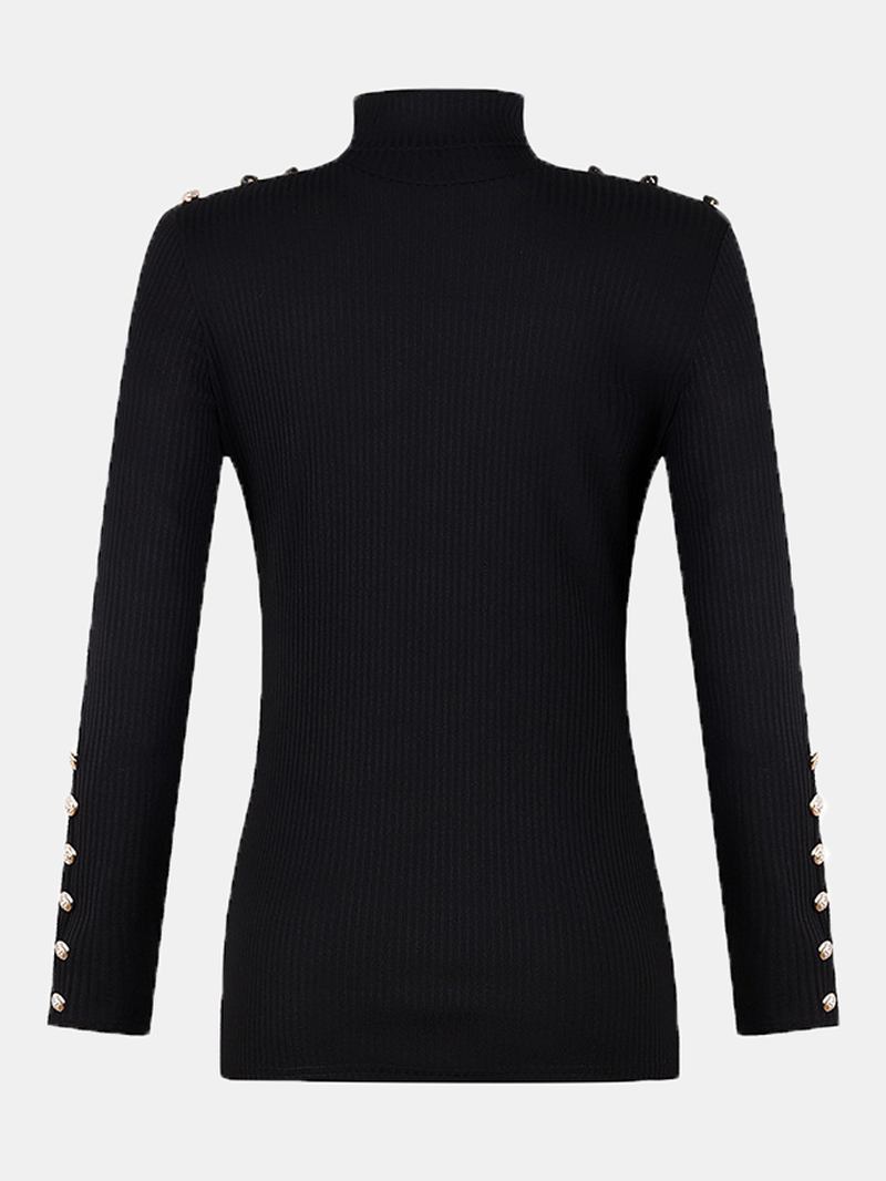 Dam Turtleneck Enfärgad Knapp Långärmad Basic Tröja