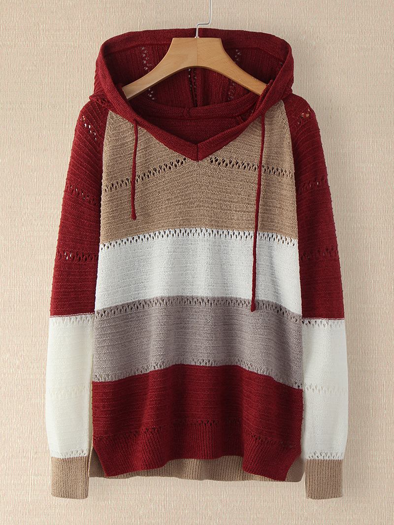 Kvinnor Höst Stripe Med Tryck V-ringad Hooded Daily Casual Stickad Tröja