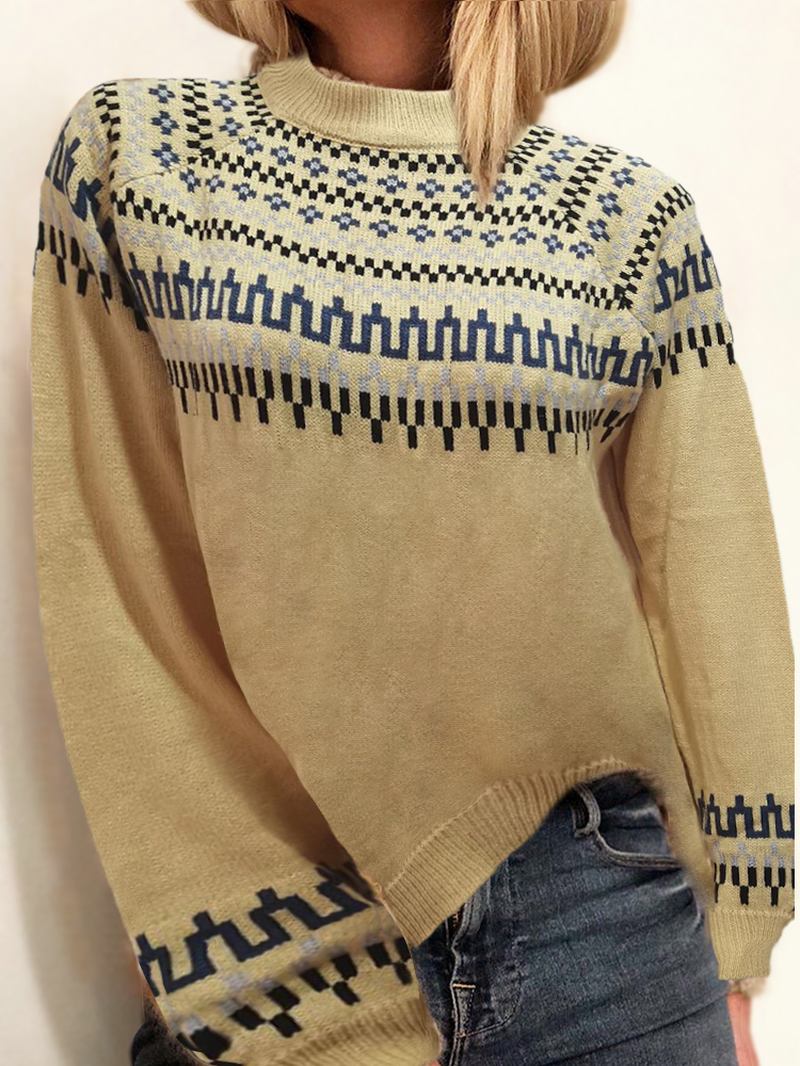 Kvinnor Vintage Jacquard Tryckt Halvkrage Casual Pullover Stickad Tröja