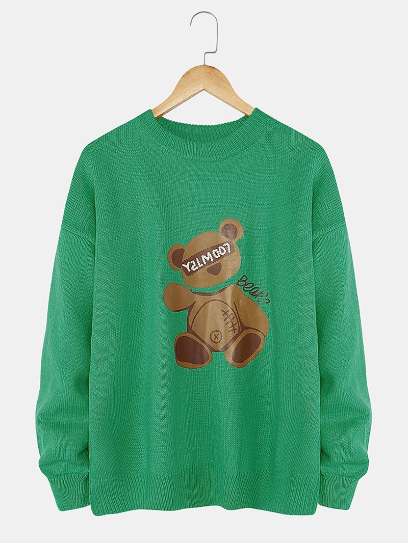 Män Cartoon Bear Med Tryck Crew Neck Stickade Casual Pullover Tröjor