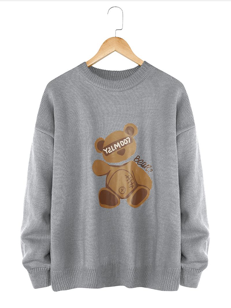 Män Cartoon Bear Med Tryck Crew Neck Stickade Casual Pullover Tröjor