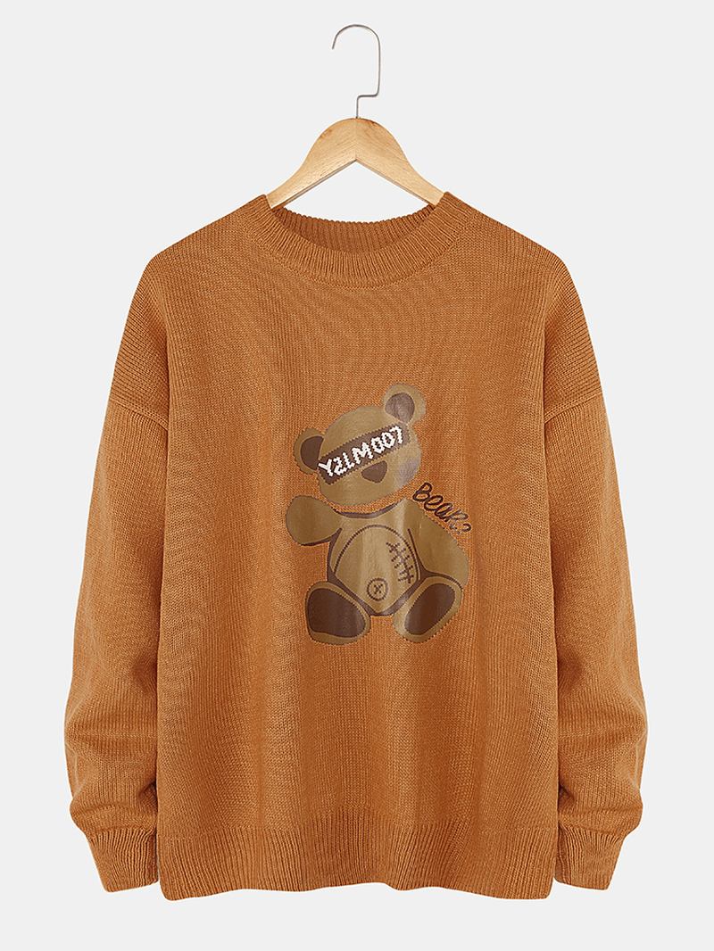 Män Cartoon Bear Med Tryck Crew Neck Stickade Casual Pullover Tröjor