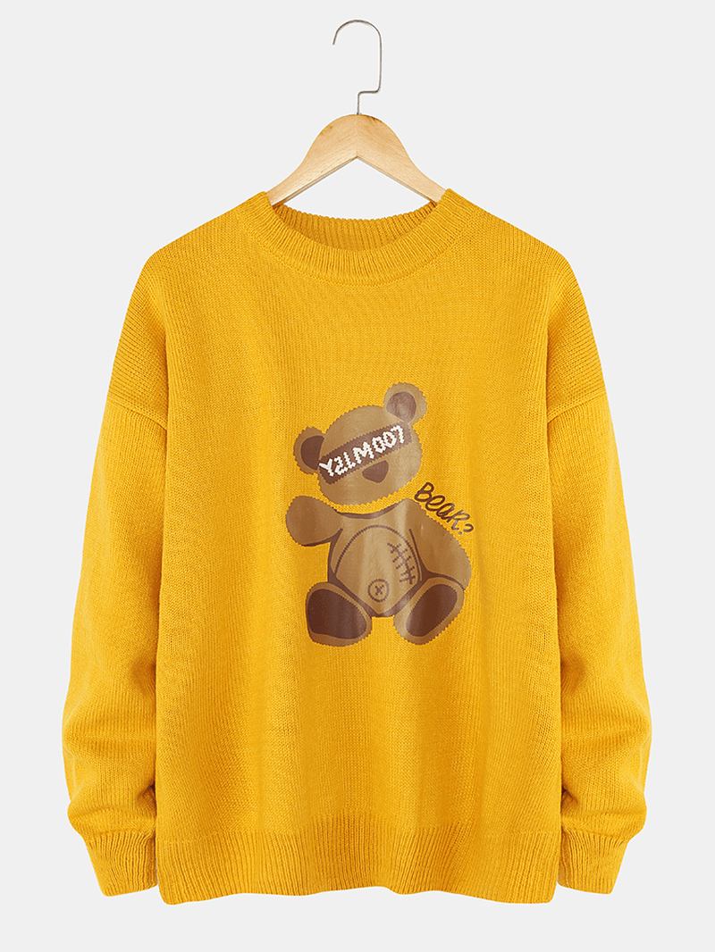 Män Cartoon Bear Med Tryck Crew Neck Stickade Casual Pullover Tröjor