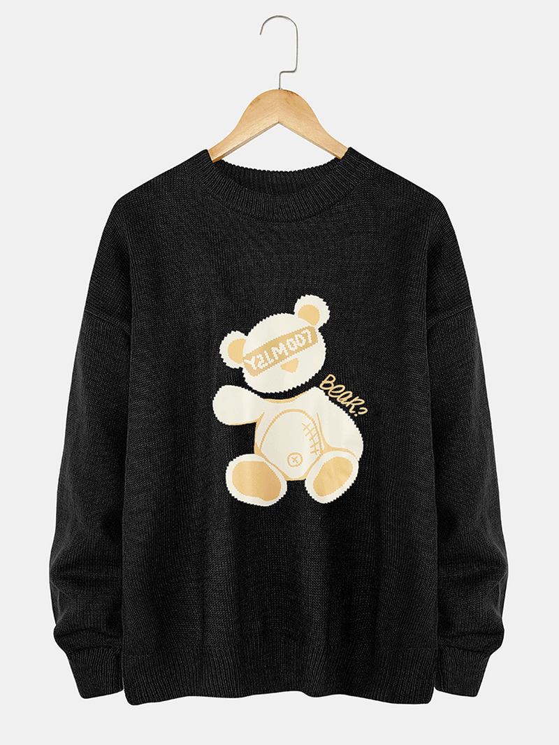 Män Cartoon Bear Med Tryck Crew Neck Stickade Casual Pullover Tröjor