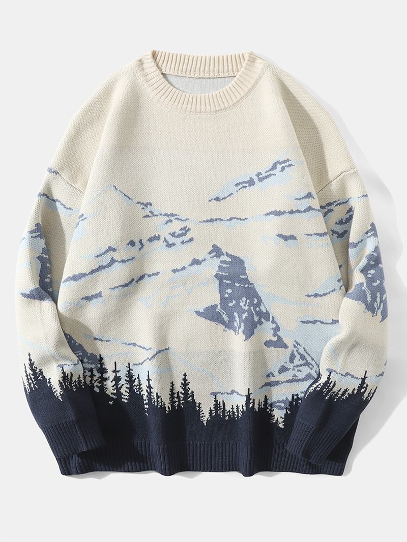 Män Landskap Mountain Drop Shoulder Lös Pullover Stickade Tröjor