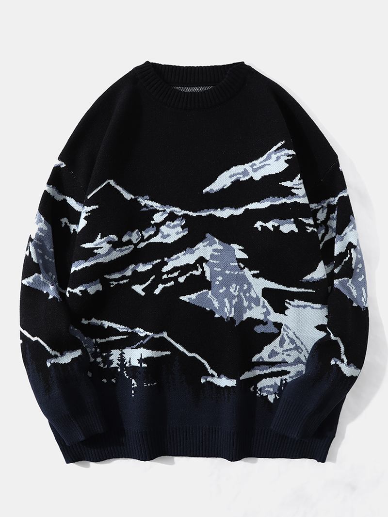 Män Landskap Mountain Drop Shoulder Lös Pullover Stickade Tröjor