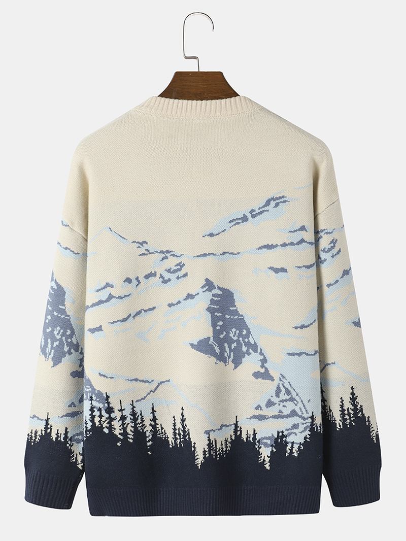 Män Landskap Mountain Drop Shoulder Lös Pullover Stickade Tröjor