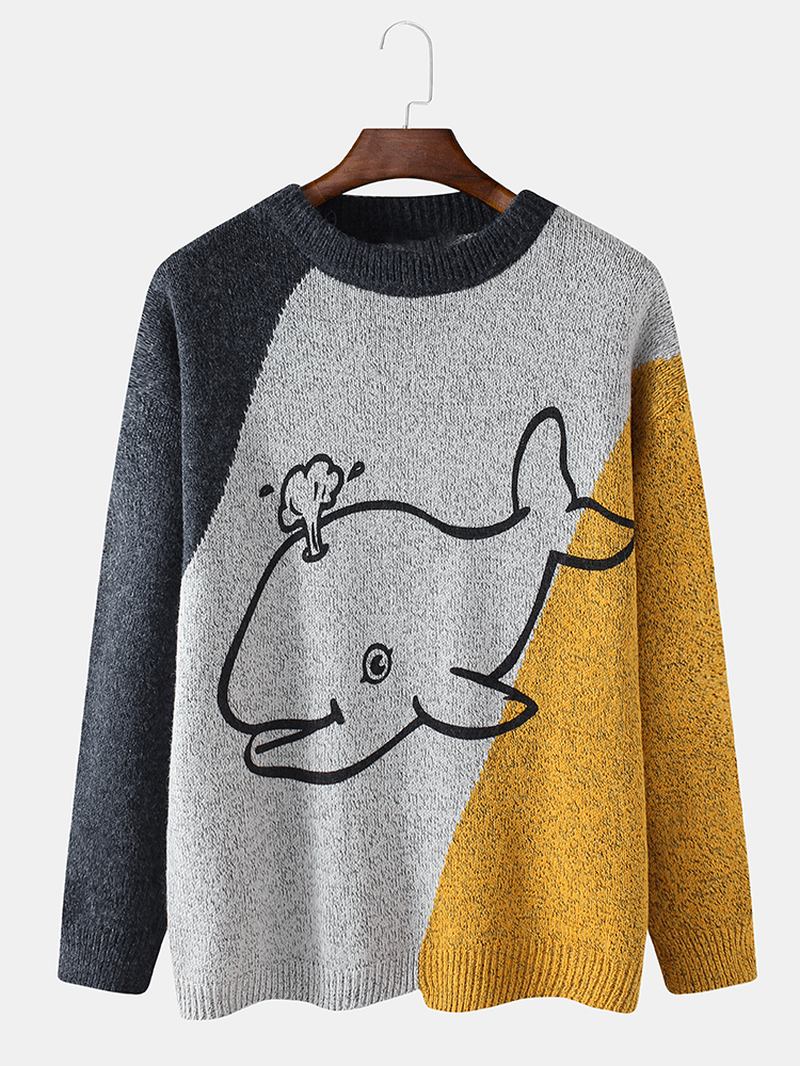 Män Tecknad Whale Grafik Colorblcok Långärmad Söta Stickade Tröjor