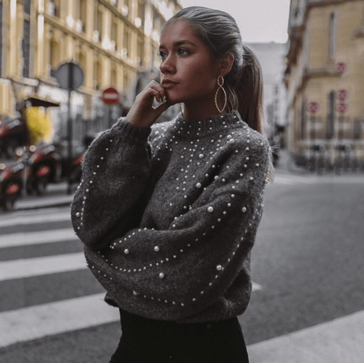 Pärla Turtleneck Vinterstickad Tröja Dam Långärmad Grå Tröja Dam Varm Höst Casual Tröja Pull Femme