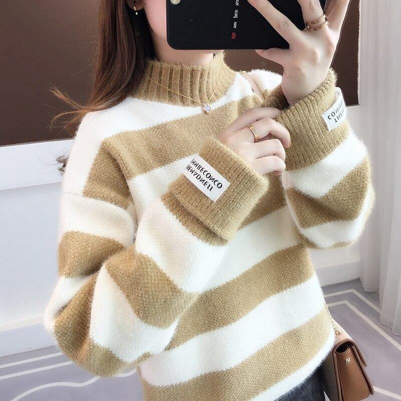 Tröja Dam Turtleneck Pullover Jumper Stripe Tjock Tröja Imiterad Minkull Tröja Sweter Damkläder